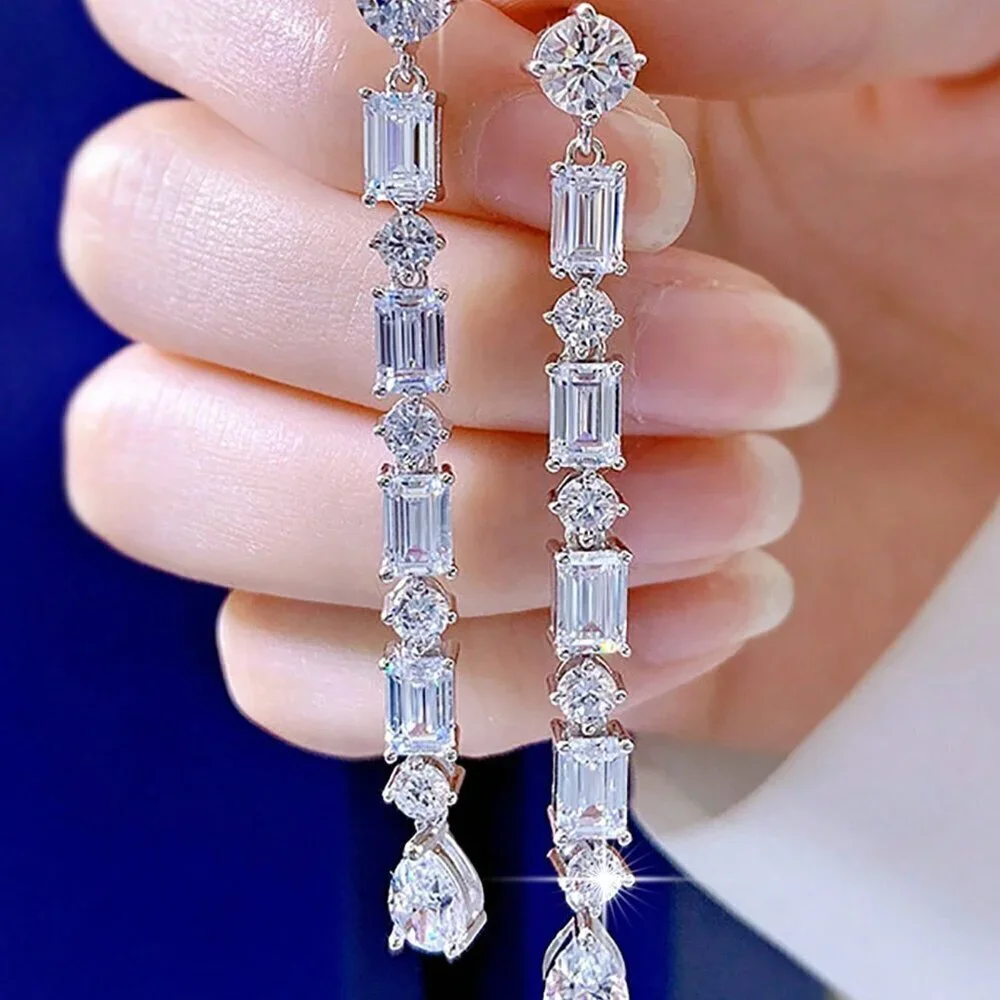 Luxury Silver Geometric Cubic Zirconia Dangle Women's Earrings